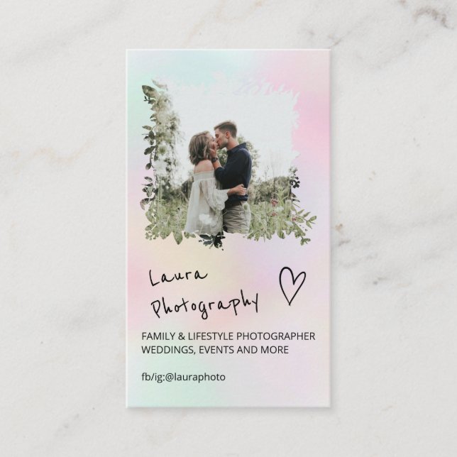 Modern wedding photographer pastel floral 2 photo business card (Front)