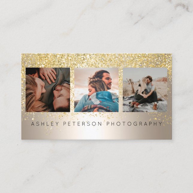 Modern wedding photography gold glitter foil business card (Front)