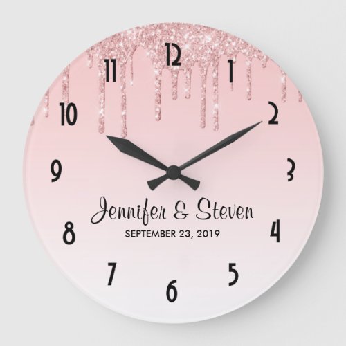 Modern Wedding Pink Dripping Glitter Large Clock