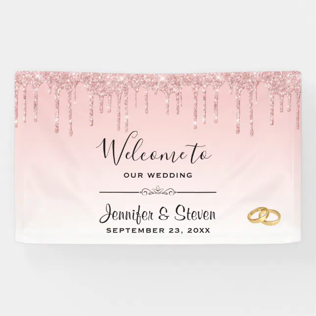 Modern Wedding Pink Glitter Drips & Golden Rings Banner | Zazzle