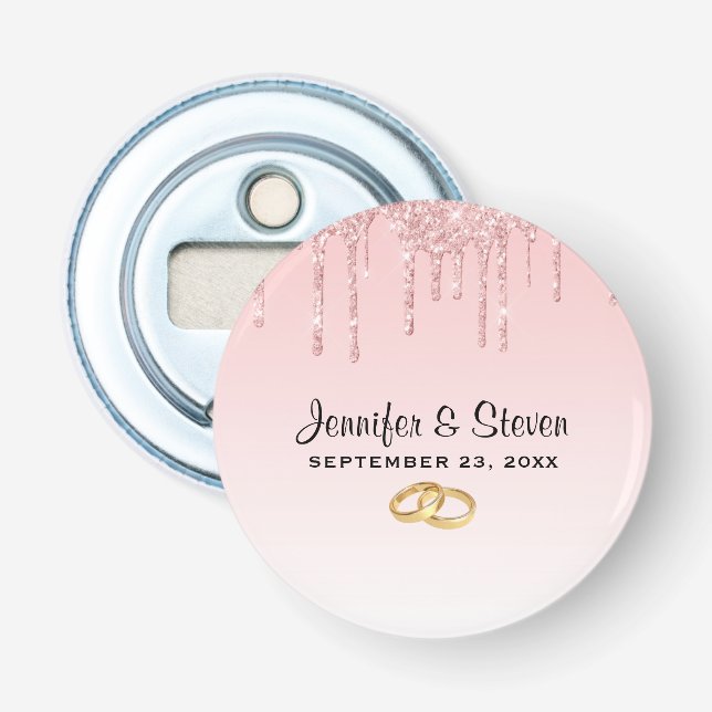 Modern Wedding Pink Glitter Drips & Golden Rings Bottle Opener (Front)