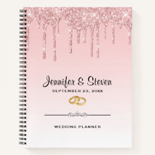 Modern Wedding Pink Glitter Drips & Golden Rings Notebook