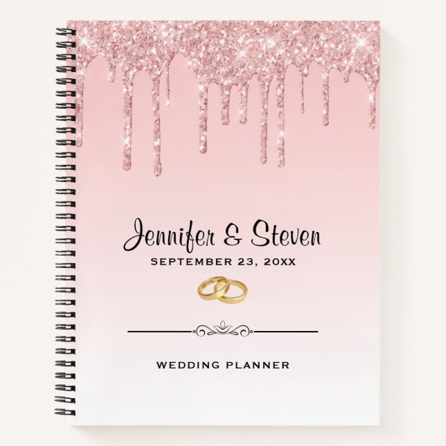 Modern Wedding Pink Glitter Drips & Golden Rings Notebook (Front)
