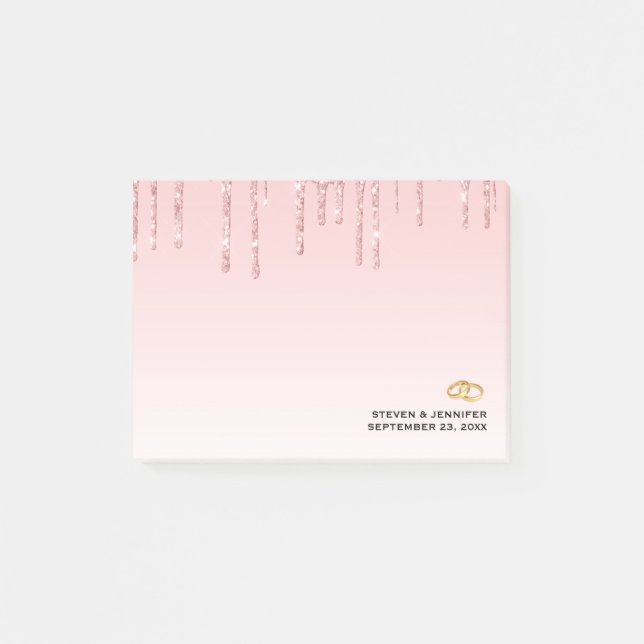 Modern Wedding Pink Glitter Drips & Golden Rings Post-it Notes (Front)