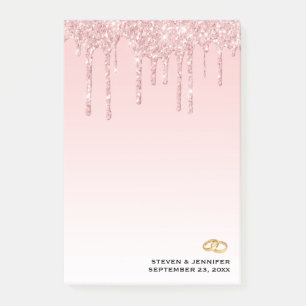Modern Wedding Pink Glitter Drips & Golden Rings Post-it Notes