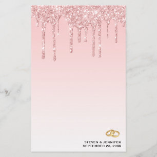 Modern Wedding Pink Glitter Drips & Golden Rings Stationery