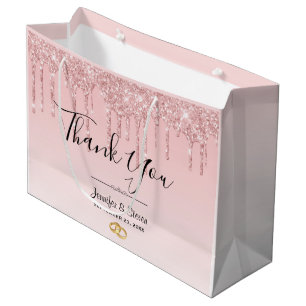 Modern Wedding Pink Glitter Drips Thank You Large Gift Bag