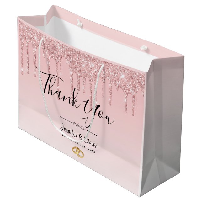 Modern Wedding Pink Glitter Drips Thank You Large Gift Bag (Front Angled)