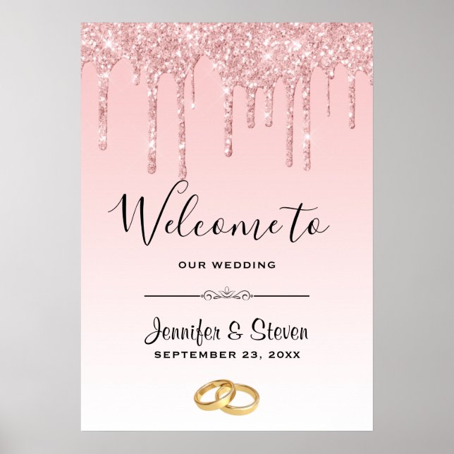 Modern Wedding Pink Glitter Drips Welcome Poster (Front)