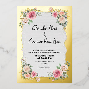 Modern Wedding Pink Roses & Gold Border Foil Invitation