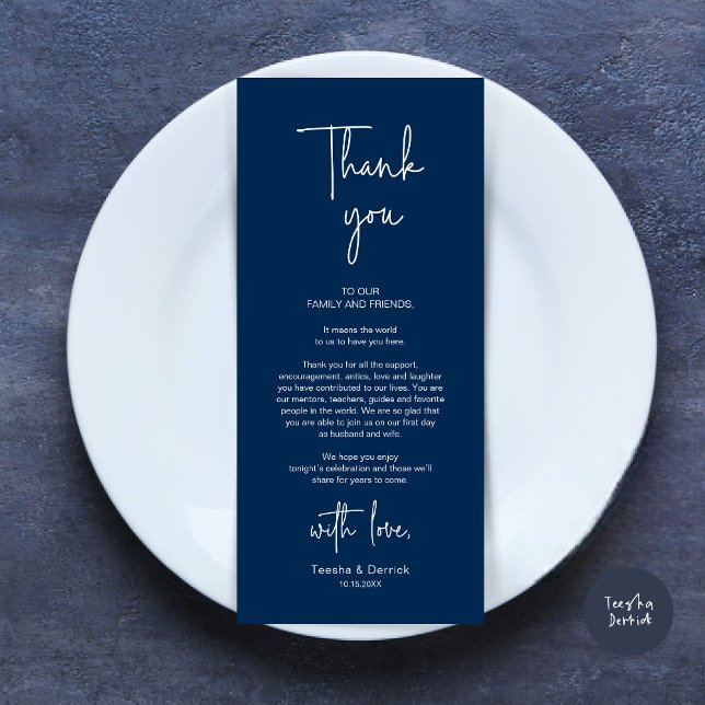 Modern Wedding Place Setting Dinner Thank You Card (Modern Romantic Wedding Place Setting Dinner Thank You Card, in Navy Blue)
