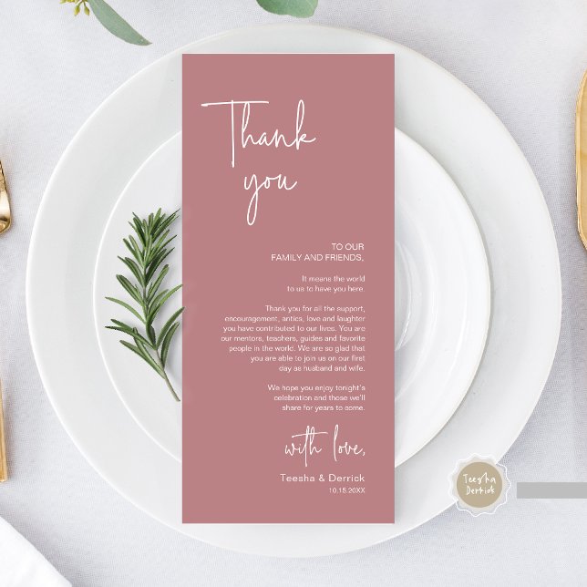 Modern Wedding Place Setting Dinner Thank You Card (Modern Wedding Dinner Place Setting Thank You Card, in Handwriting Script, Dusty Rose Pink)