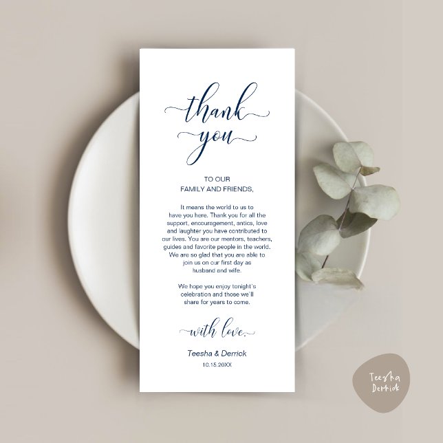 Modern Wedding Place Setting Thank You Card (Modern Wedding Dinner Place Setting Thank You Card in Classy Navy Blue)