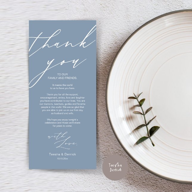 Modern Wedding Place Setting Thank You Dinner Card (Wedding Dinner Place Setting Thank You Card, Modern Minimalist Script, in Dusty Blue)