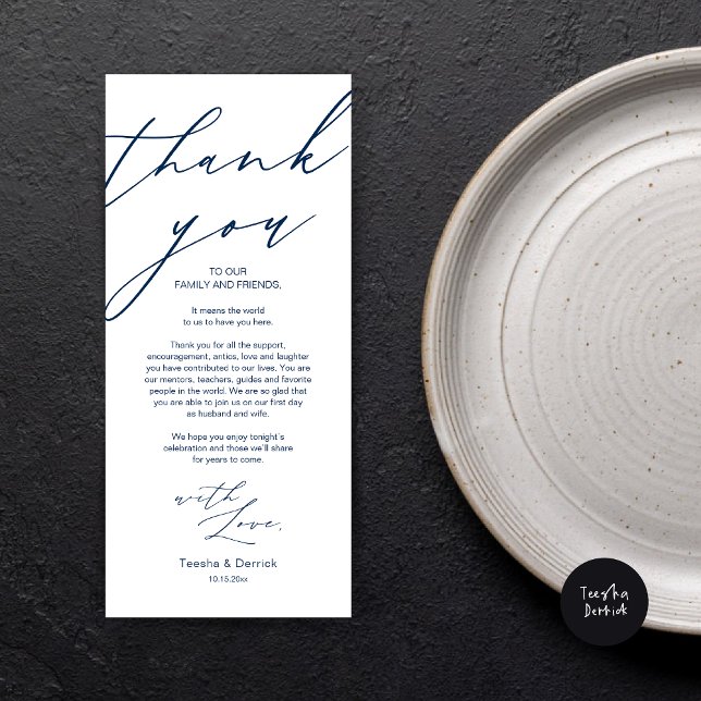 Modern Wedding Place Setting Thank You Dinner Card (Wedding Dinner Place Setting Thank You Card, Modern Minimalist Script, in Navy Blue)