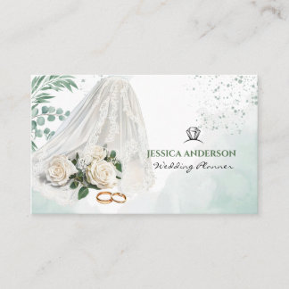 Modern Wedding Planner Bride Veil Green Business Card
