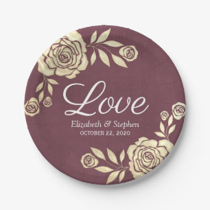 Modern Wedding Plate Chic Golden Rose Burgundy Red