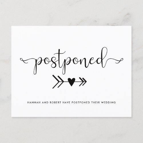 Modern Wedding Postponement Heart Black White Announcement Postcard