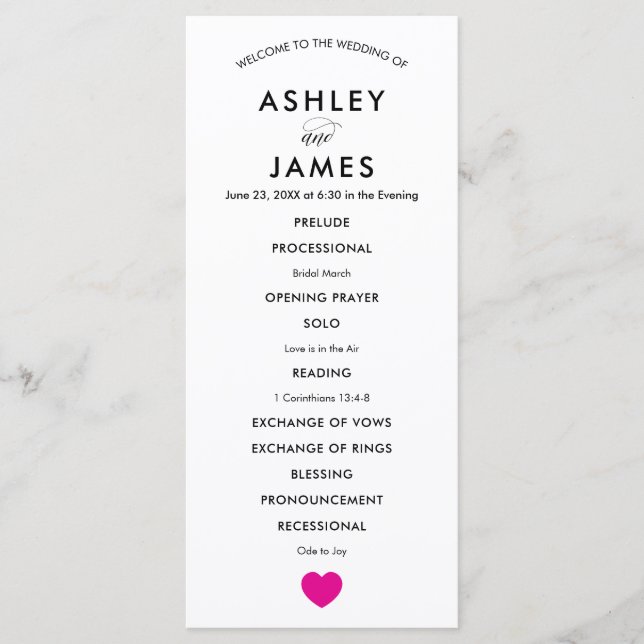 Modern Wedding Program for Ceremony Fuchsia Heart (Front)