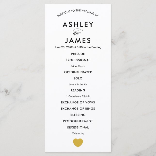 Modern Wedding Program for Ceremony, Gold Heart (Front)