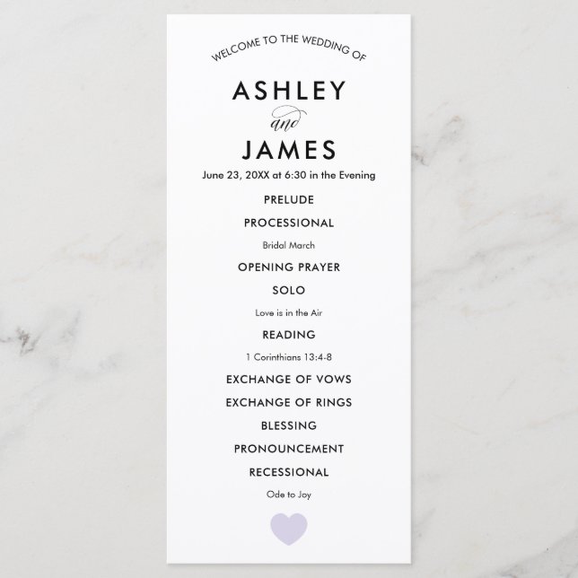Modern Wedding Program for Ceremony Lavender Heart (Front)