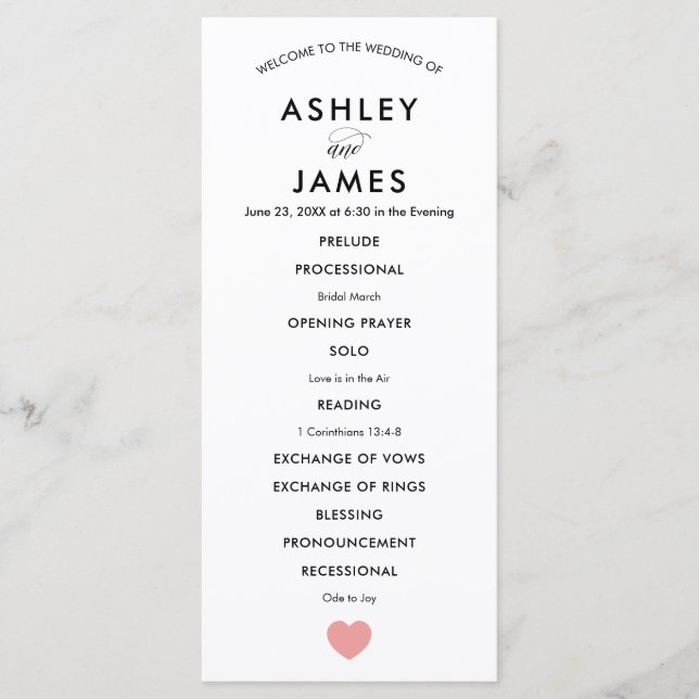 Modern Wedding Program for Ceremony, Pink Heart (Front)