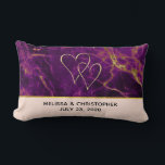 Modern Wedding Purple & Gold Abstract Marble Lumbar Pillow<br><div class="desc">Personalized wedding pillow with a beautiful abstract pattern featuring a marble design. Rich purple colors blending together combined with faux-gold swirling ribbons of color mixing and mingling throughout the design. A peach colored layer below the pattern with an elegant faux gold-foil strip between them. 2 joined hearts above the text....</div>