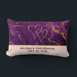 Modern Wedding Purple & Gold Abstract Marble Lumbar Pillow<br><div class="desc">Personalized wedding pillow with a beautiful abstract pattern featuring a marble design. Rich purple colors blending together combined with faux-gold swirling ribbons of color mixing and mingling throughout the design. A peach colored layer below the pattern with an elegant faux gold-foil strip between them. 2 joined hearts above the text....</div>