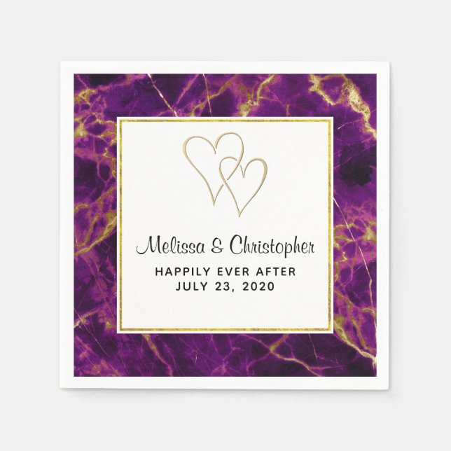 Modern Wedding Purple & Gold Abstract Marble Napkins (Front)