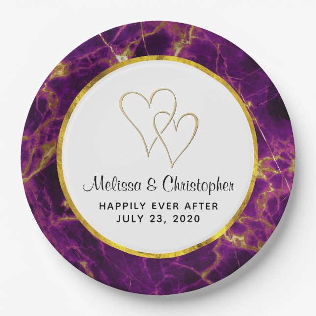 Modern Wedding Purple & Gold Abstract Marble Paper Plates (Front)