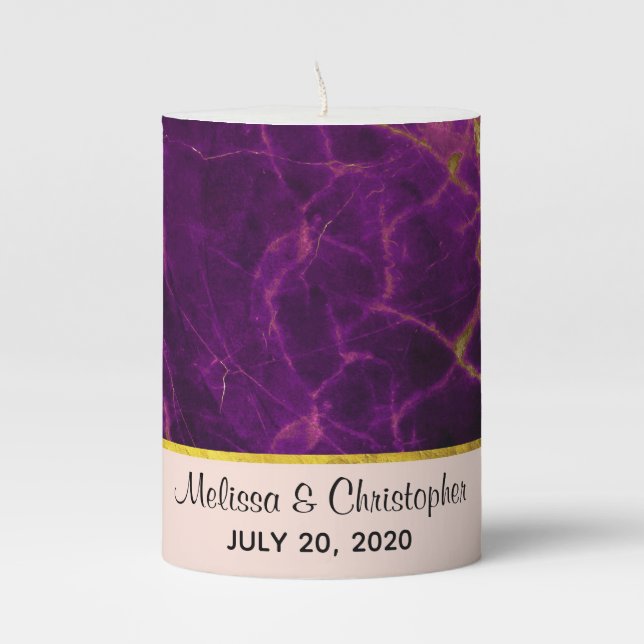 Modern Wedding Purple & Gold Abstract Marble Pillar Candle (Front)