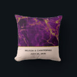 Modern Wedding Purple & Gold Abstract Marble Throw Pillow<br><div class="desc">Personalized wedding pillow with a beautiful abstract pattern featuring a marble design. Rich purple colors blending together combined with faux-gold swirling ribbons of color mixing and mingling throughout the design. A peach colored layer below the pattern with an elegant faux gold-foil strip between them.</div>