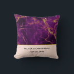 Modern Wedding Purple & Gold Abstract Marble Throw Pillow<br><div class="desc">Personalized wedding pillow with a beautiful abstract pattern featuring a marble design. Rich purple colors blending together combined with faux-gold swirling ribbons of color mixing and mingling throughout the design. A peach colored layer below the pattern with an elegant faux gold-foil strip between them.</div>