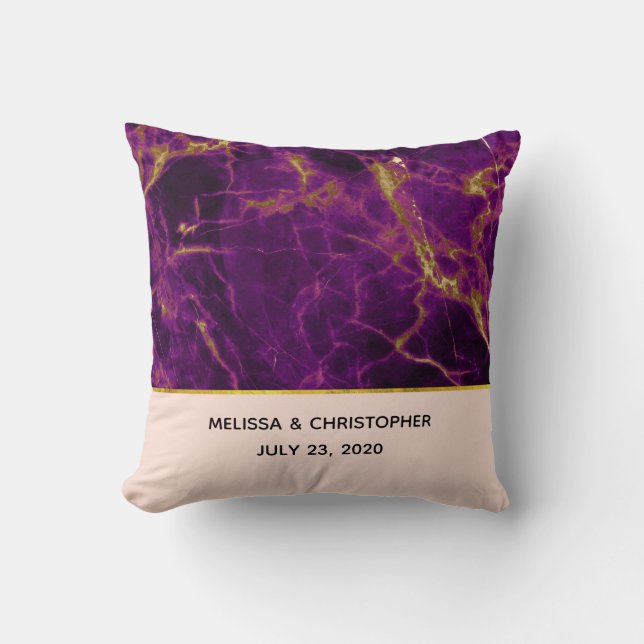 Modern Wedding Purple & Gold Abstract Marble Throw Pillow (Front)