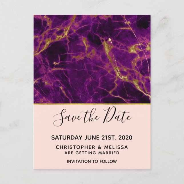 Modern Wedding Purple & Gold Marble Save the Date Postcard (Front)
