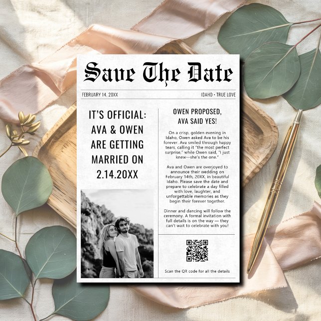 Modern Wedding QR Code Newspaper Style Photo Save The Date (Creator Uploaded)