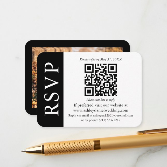 Modern Wedding QR RSVP Photo Black and White Enclosure Card (Front/Back In Situ)
