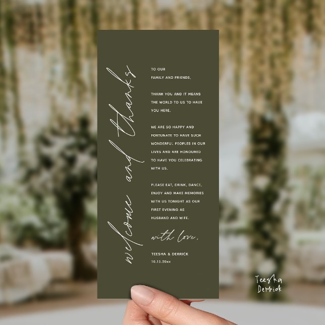 Modern Wedding Reception Dinner Thank You Card (Welcome and thanks, Modern Wedding Reception Dinner Thank You card, family friends in olive green)