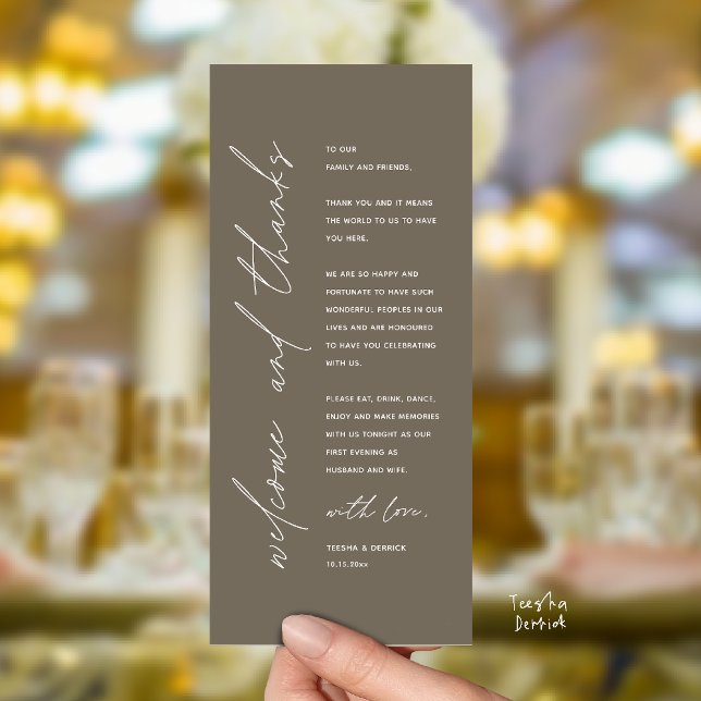 Modern Wedding Reception Dinner Thank You Card (Welcome and thanks, Modern Wedding Reception Dinner Thank You card, family friends in warm taupe)