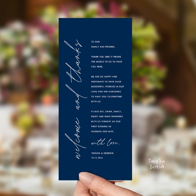 Modern Wedding Reception Dinner Thank You Card (Welcome and thanks, Modern Wedding Reception Dinner Thank You card, family friends in navy blue)