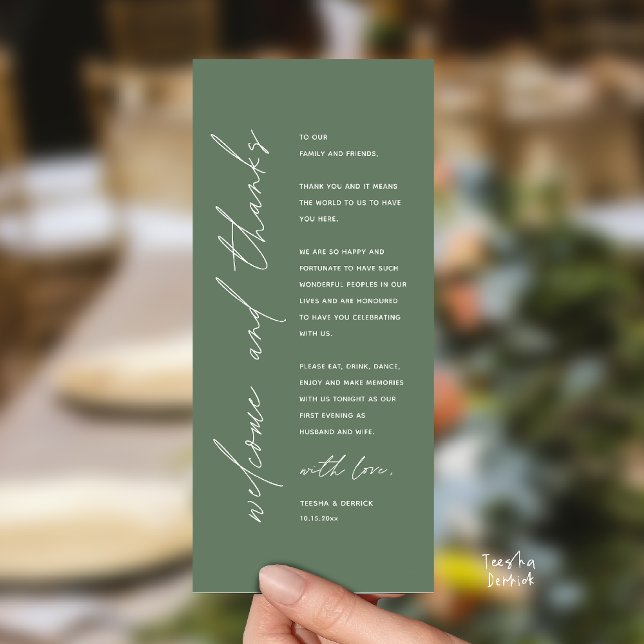 Modern Wedding Reception Dinner Thank You Card (Welcome and thanks, Modern Wedding Reception Dinner Thank You card, family friends in sage green)