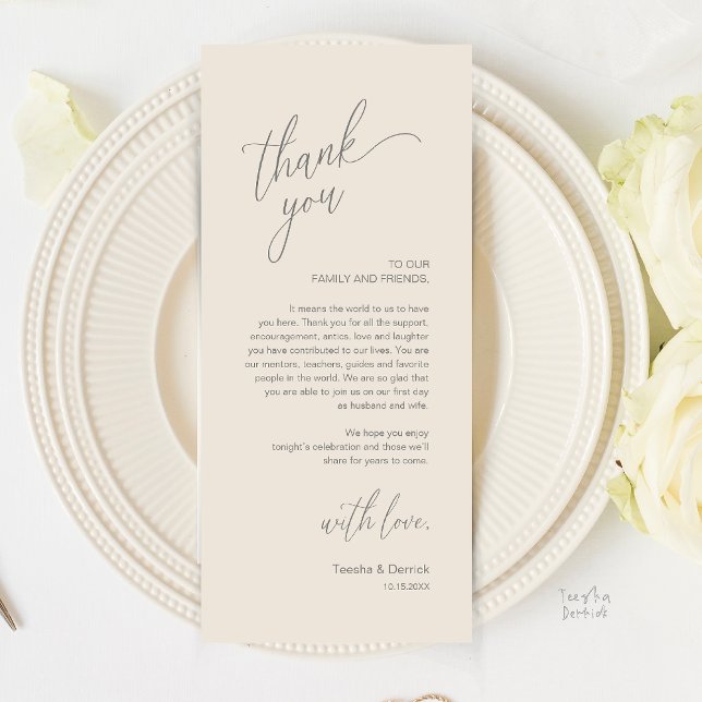 Modern Wedding Reception Dinner Thank You Card (Modern Wedding Reception Dinner Thank You Card in Cream and Grey)