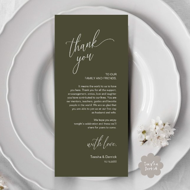 Modern Wedding Reception Dinner Thank You Card (Modern Wedding Reception Dinner Thank You Card in Olive Green)