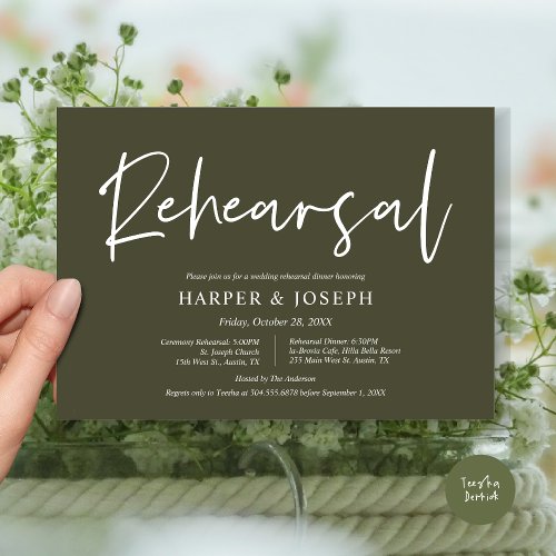 Modern Wedding Rehearsal and Dinner Olive Green Invitation