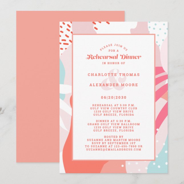 Modern Wedding Rehearsal Dinner Artsy Fun Coral In Invitation (Front/Back)