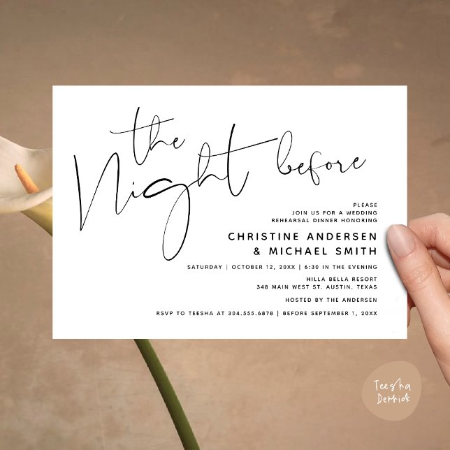 Modern Wedding Rehearsal Dinner, The Night Before Invitation (Modern Wedding Rehearsal Dinner, The Night Before Invitation Card Minimalist Beautiful White Black)