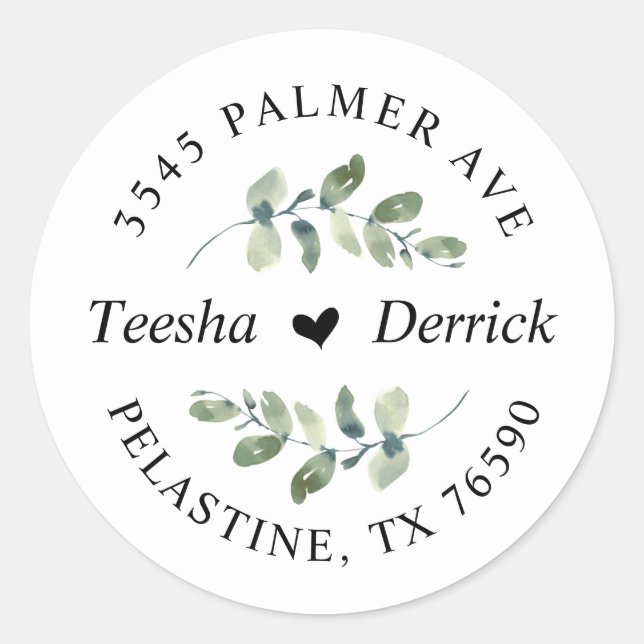 Modern Wedding Return Address Greenery Eucalyptus Classic Round Sticker (Front)