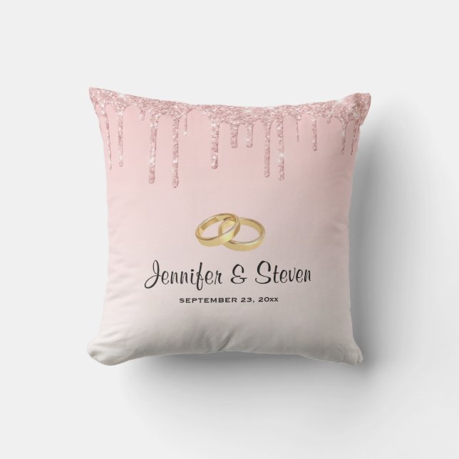 Modern Wedding Rings & Pink Dripping Glitter Outdoor Pillow (Front)