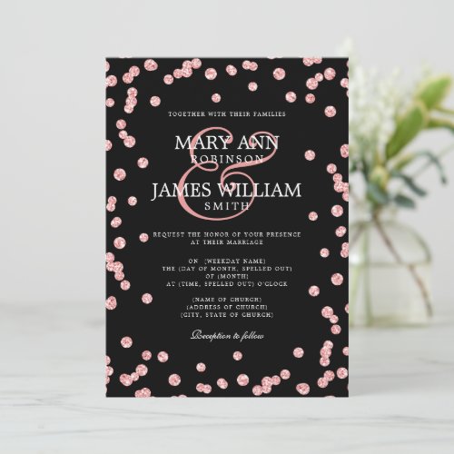 Modern Wedding Rose Gold Glitter Confetti Black Invitation