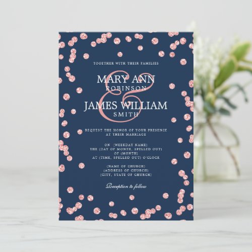 Modern Wedding Rose Gold Glitter Confetti Navy  Invitation